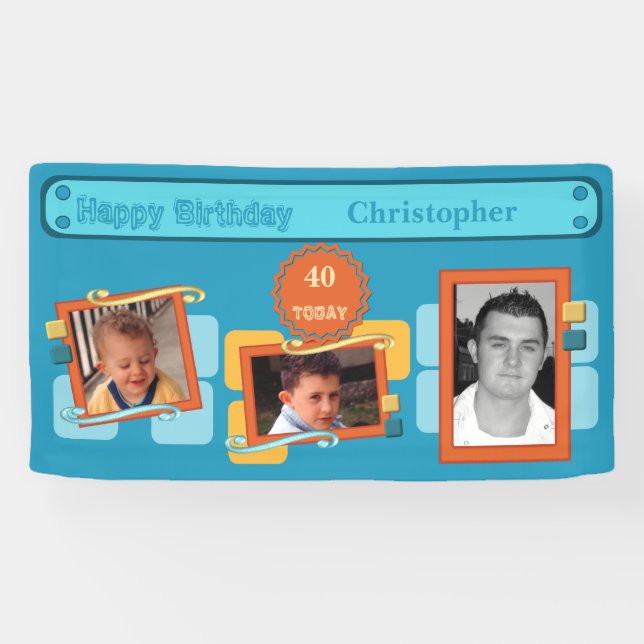 Für Männer 40. hinzufügen Fotos Namen blaues Party Banner (Horizontal)