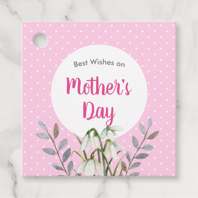 Für Mütter Day White Snowdrops Pink Polka Dots Geschenkanhänger (Vorderseite)