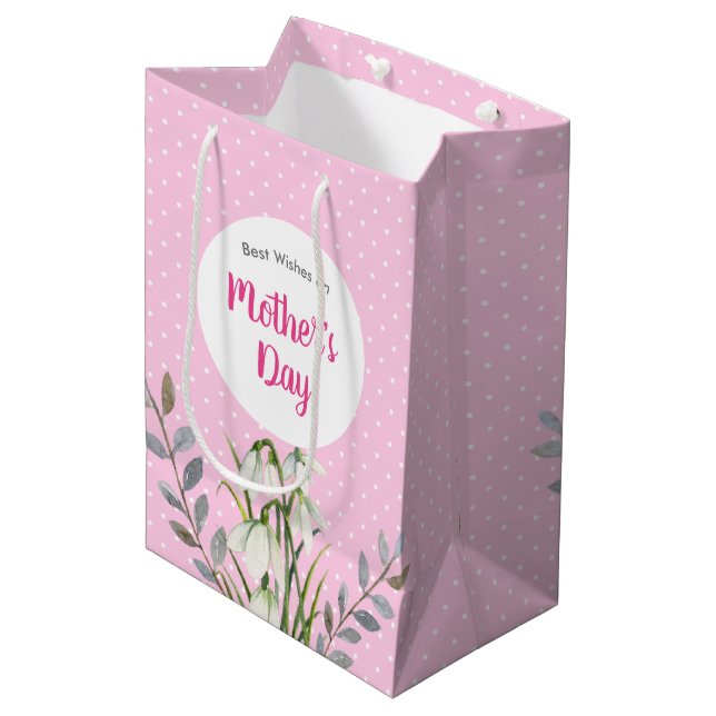 Für Mütter Day White Snowdrops Pink Polka Dots Mittlere Geschenktüte (Vorderseite Schrägansicht)