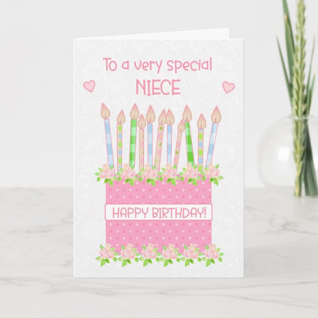 Für Niece Birthday Cake Hearts und Rose Card Karte (Vorderseite)