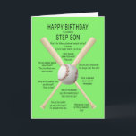 Für Schritt Sohn, Baseballwitze zum Geburtstag Karte<br><div class="desc">Für einen Schritt-Sohn,  Geburtstagskarte. Eine lustige Karte mit Baseball und Fledermäusen mit vielen wirklich schlechten Baseballwitzen. Eine Karte für den Sportler mit einem Sinn für Spaß. Sehen Sie sich die ganze Palette an Altersgruppen und Beziehungen in meinem Geschäft an.</div>