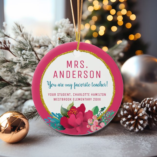 Für sie mein Lieblingslehrer Weihnachtsrosa Keramik Ornament (Von Creator hochgeladen)