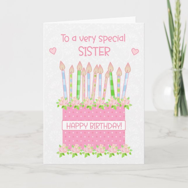 Für Sister Birthday Cake Hearts and Rose Card Karte (Vorderseite)