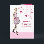 Für Sister on Birthday Girl with Pink Roses Dress Karte<br><div class="desc">Entworfen auf meine Veranschaulichung einer schönen blonden Haar Dame mit atemberaubenden klassisch eleganten rosa Cocktailkleid,  trägt schöne schwarze Stiletto Schuhe. Das Design hat rosa-weiße Polka-Punkte-Muster - ein schicker und moderner Stil. Anpassbar mit eigenem Text für ein personalisiertes Design.</div>