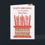 Für Step Son Custom Age Birthday Cake Card Karte<br><div class="desc">Sie können das Alter zu dieser bunten Geburtstagskarte für Ihren Stiefel hinzufügen, mit einem Erdbeergeburtstorte. Der Kuchen hat viele Kerzen mit verschiedenen Mustern und es gibt eine gemusterte Band um den Kuchen mit bunten Sommerfrüchten - Erdbeeren, Himbeeren, Limetten und Orangenscheiben. Über dem Kuchen, der Gruß, in roter Schrift, ist "GLÜCKLICHER...</div>