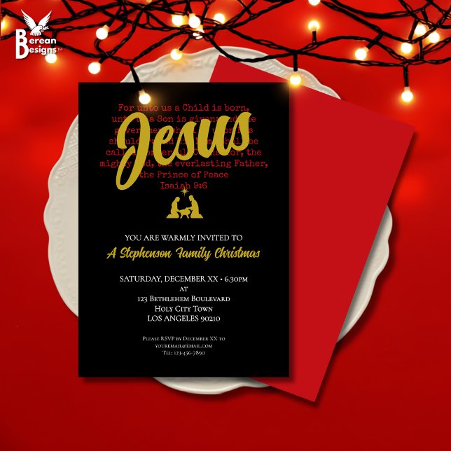 Für uns Weihnachtsfeier Einladung (Stylish FOR UNTO US Christian Christmas invitation with Bible Verse and nativity in black red gold)