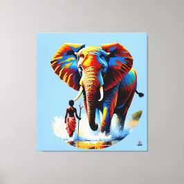 Furchtloser Junge trifft Elefantenbullen Leinwanddruck