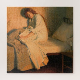 Furchtsame Frau mit Angst vor Feuer vor ihrem Bett Puzzle