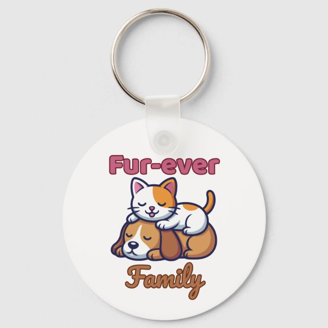 Furever Family Heartwarming Cat & Dog Illustration Schlüsselanhänger (Vorderseite)