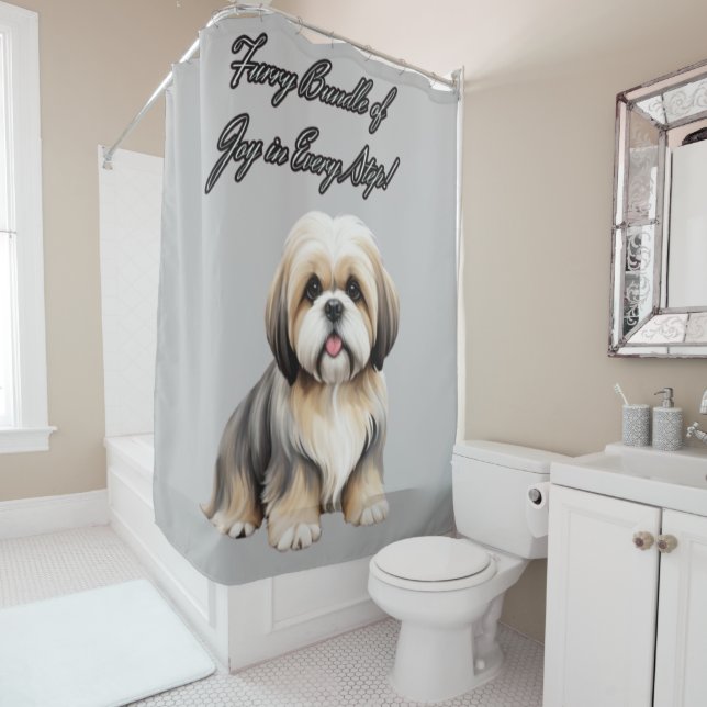 Furry Bliss: Spielerisches Pup in Soft Hues Duschvorhang (Beispiel)