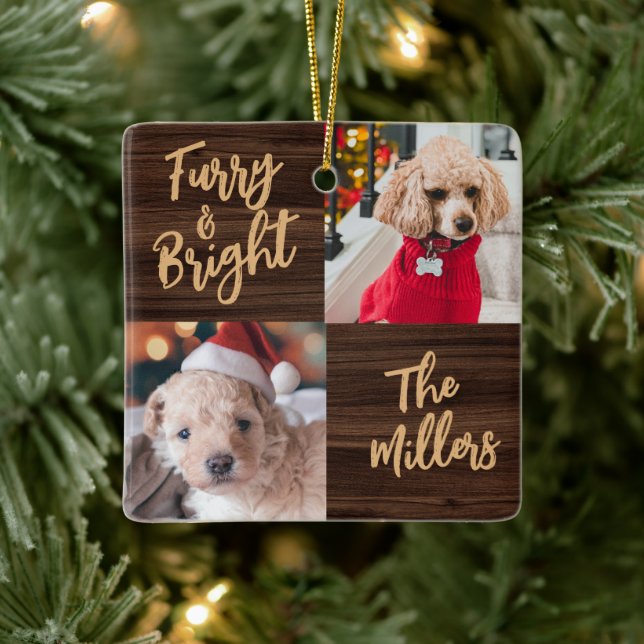 Furry & Bright Hund 2 Foto Rustikale Weihnachten Keramikornament (Baum)
