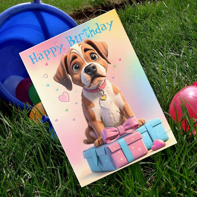 Furry Friends Boxer Welpe und Geschenke Geburtstag Karte (Von Creator hochgeladen)