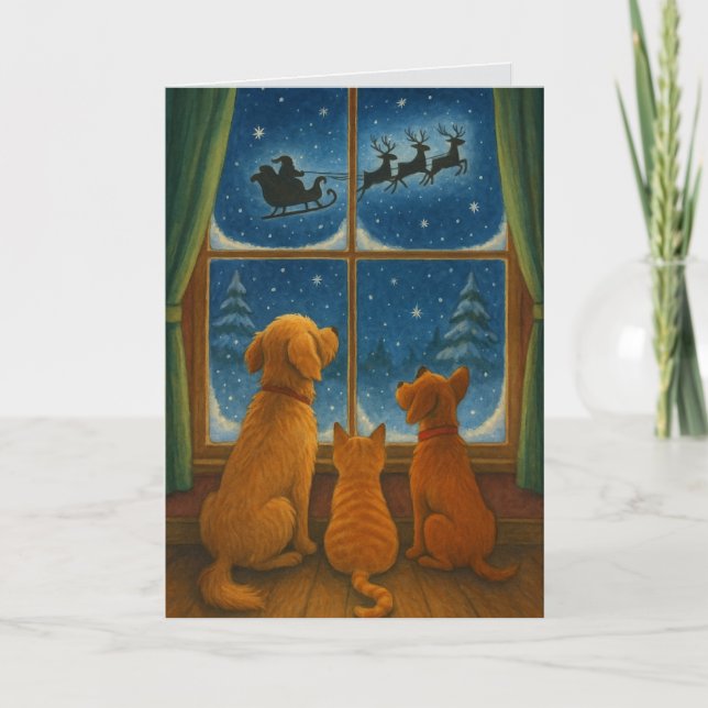Furry Friends Looking at Santa Custom Christmas Karte (Vorderseite)
