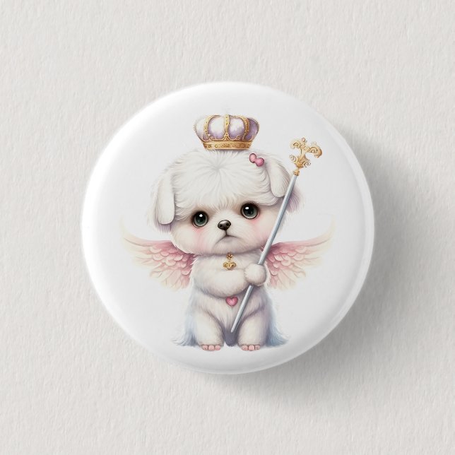 Furry Joy: Angel Wing Maltese Dog Welppy Gift Button (Vorderseite)