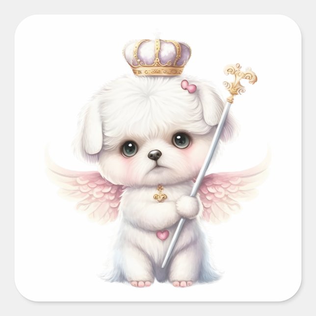 Furry Joy: Angel Wing Maltese Dog Welppy Keych Quadratischer Aufkleber (Vorderseite)