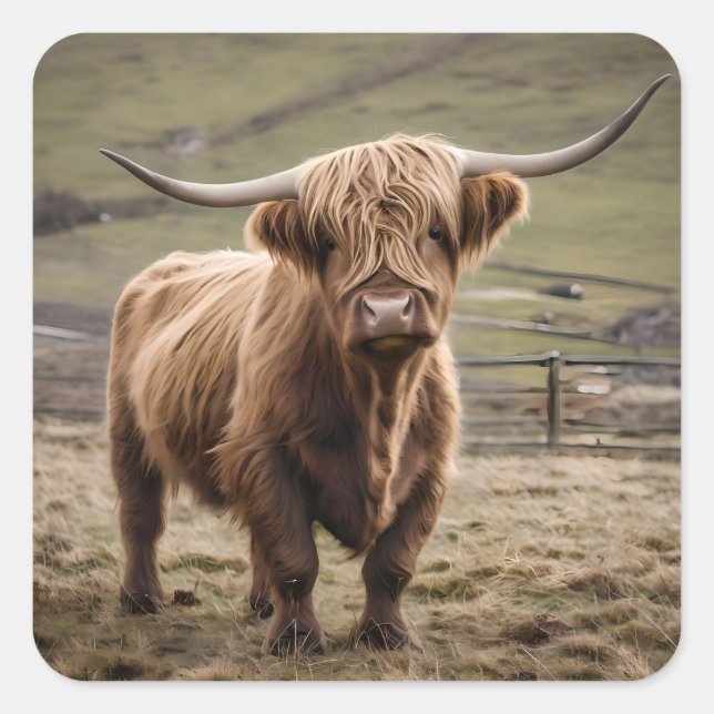 **"Furry Majestät: The Wooly Brown Highland Cow"** Quadratischer Aufkleber (Vorderseite)
