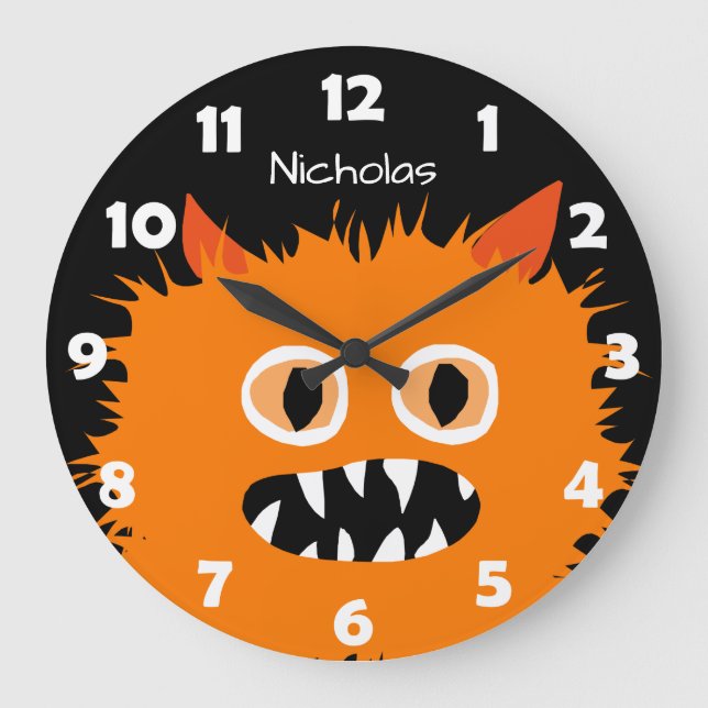 Furry Orange Monster Kids Personalisiert Albern Große Wanduhr (Vorderseite)