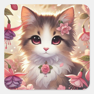 Fuschia Cat Quadratischer Aufkleber