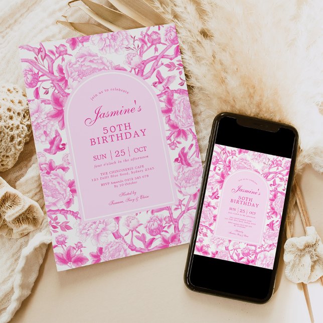 Fuschia Chinoiserie Blumengarten 50. Geburtstag Einladung (Von Creator hochgeladen)