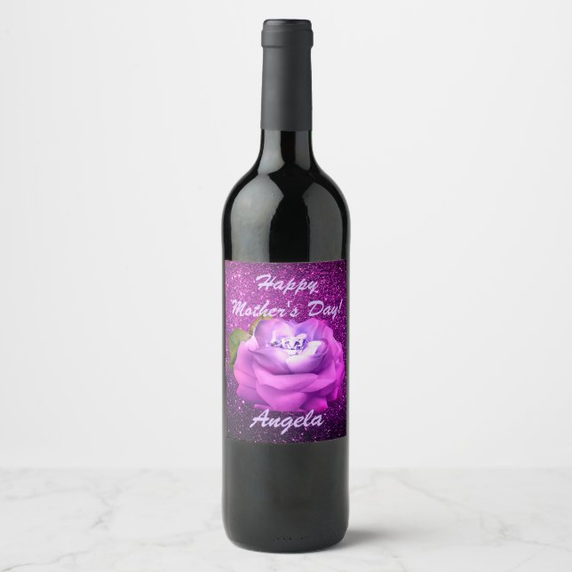 Fuschia Diamond Rose Imitate Glitzer Weinetikett (Vorderseite)