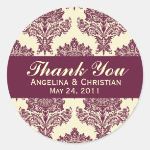 Fuschia & Ivory Damask Round Wedels Labels Runder Aufkleber