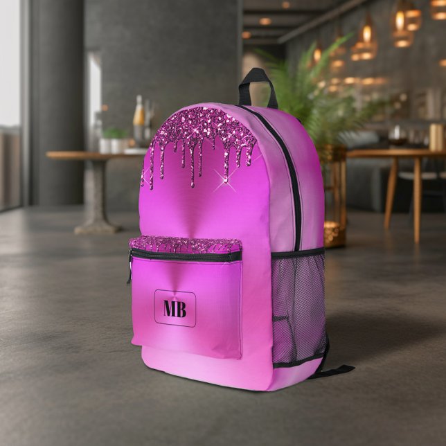 Fuschia Metallic Glitzer Tropfen Mit Monogramm Bedruckter Rucksack (Von Creator hochgeladen)