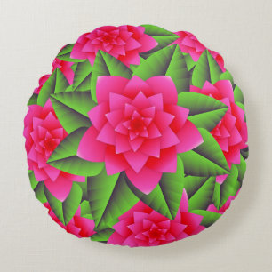 Fuschia Pink Camellias und grüne Blätter Rundes Kissen