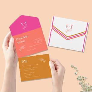 Fuschia Pink Coral + Orange Bold Retro Wedding All In One Einladung