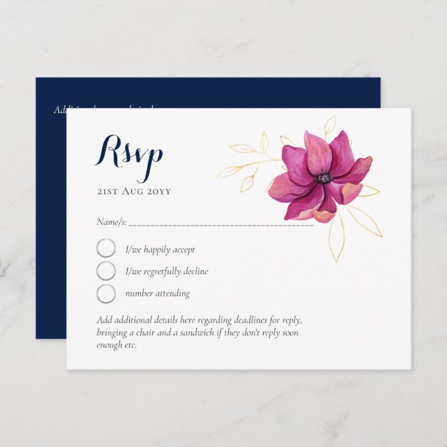 Fuschia Pink Gold Navy Blue Wedding RSVP Postkarte (Vorne/Hinten)