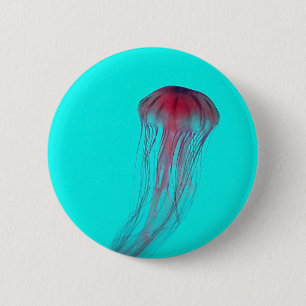 Fuschia Pink Jellyfish auf Aqua Blue Green Button