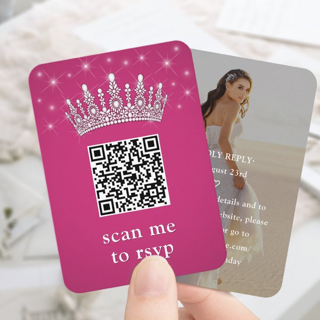 Fuschia Pink QR RSVP Quinceañera Crown & Photo Begleitkarte (Von Creator hochgeladen)