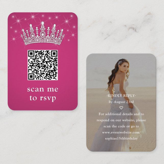 Fuschia Pink QR RSVP Quinceañera Crown & Photo Begleitkarte (Vorne/Hinten)