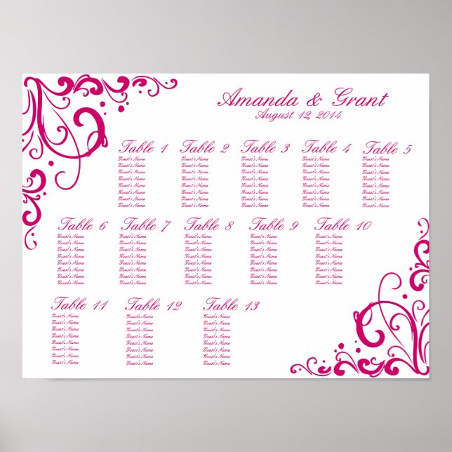 Fuschia und White Blüh Seating Chart Poster (Vorne)