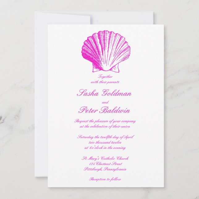 Fuscia Muscheln Hochzeit Einladung (Vorderseite)