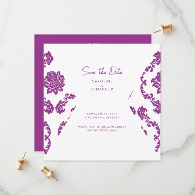 Fushia Damask Foto Hochzeit speichern das Datum Save The Date (Vorderseite/Rückseite Beispiel)