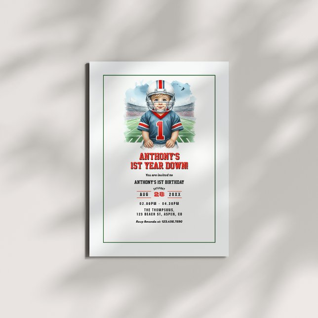 Fußball 1. Geburtstag Party Einladung (First Year Down Football 1st Birthday Party Invitation)