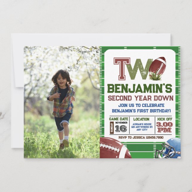 Fußball 2. Jahr nach unten Foto Geburtstag Einladung (Vorderseite)