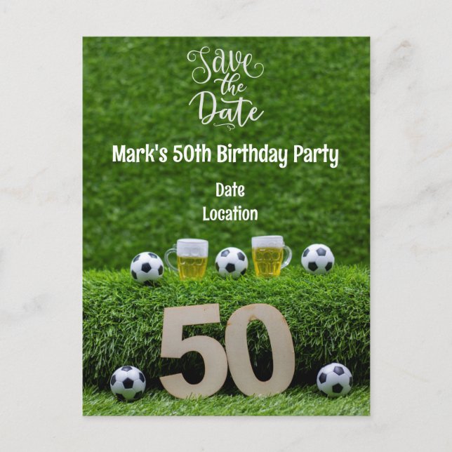 Fußball 50. Geburtstag mit Bier auf Grün Postkarte (Vorderseite)