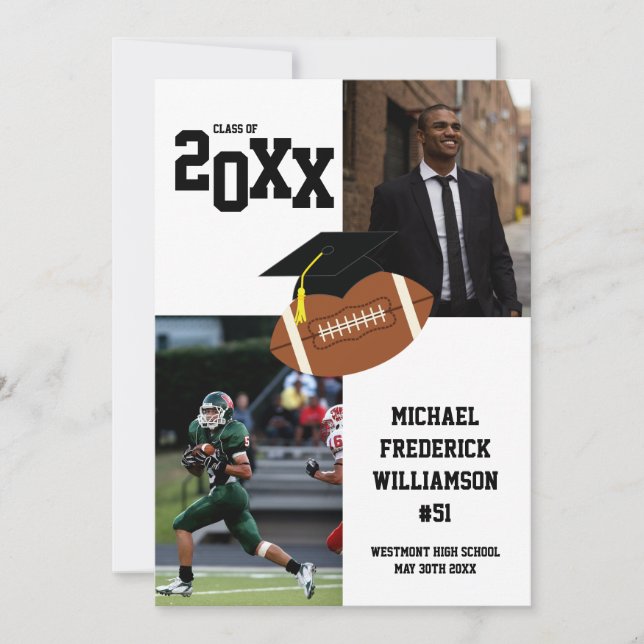 Fußball Abschluss Sportschwarz und Weiß Einladung (Vorderseite)