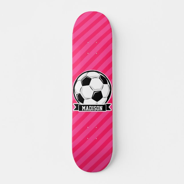 Fußball auf Neon Pink Streifen Skateboard (Vorne)