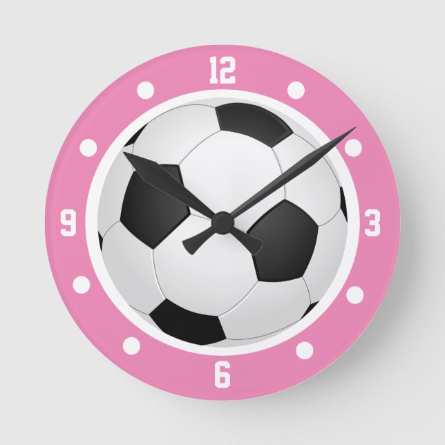 Fußball Ball Pink Girls Schwarz und Weiß Runde Wanduhr (Vorderseite)