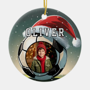 Fußball-Ball-Santa-Hut-Weihnachtsfoto Keramik Ornament