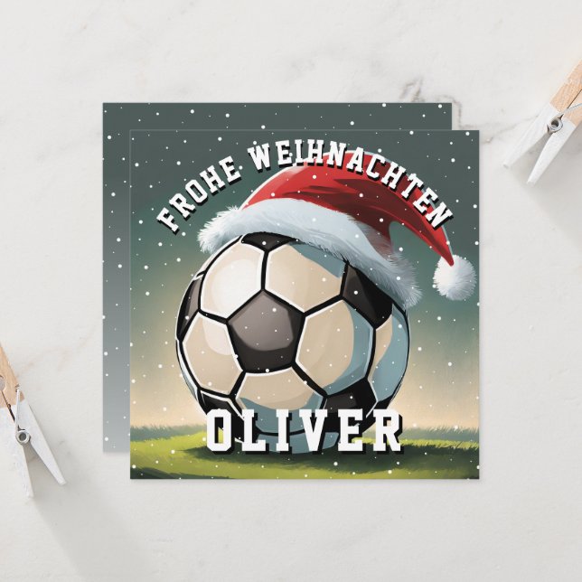 Fußball Ball Weihnachtsmannmütze Frohe Weihnachten Karte (Vorderseite/Rückseite Beispiel)