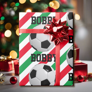 Fußball Ball Weihnachtsnachtsnamen Streifen rot in Geschenkpapier