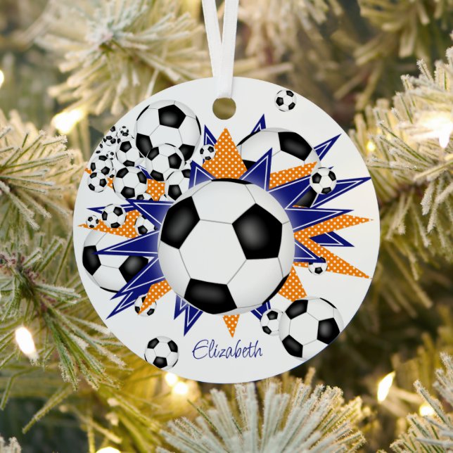 Fußball Bälle Blaue Orangenstars Mädchen Sport Ornament Aus Metall (InSitu)