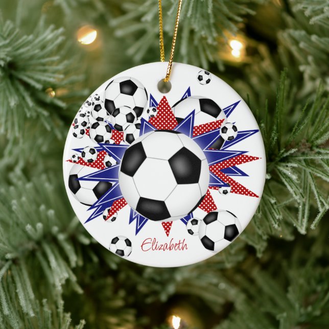 Fußball Bälle Blaue Sterne Mädchen Sport Keramik Ornament (Baum)