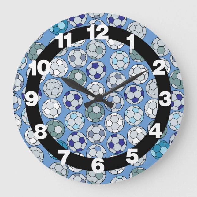 Fußball-Bälle Blue Wall Clock Große Wanduhr (Vorderseite)