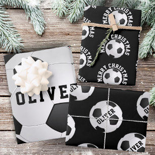 Fußball Bälle Kinder Name Schwarz Weihnachten Geschenkpapier Set