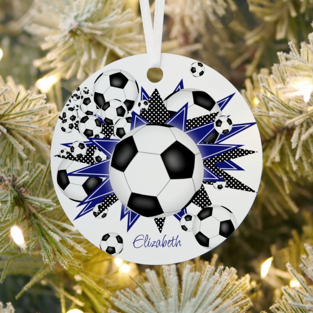 Fußball-Bälle mit blauen schwarzen Sternen Mädchen Ornament Aus Metall (InSitu)