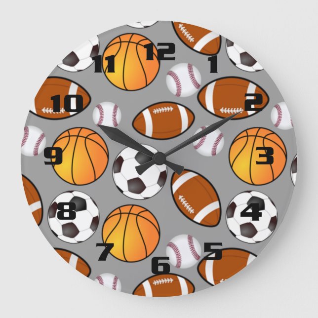 Fußball-Baseball Basketball-Muster Große Wanduhr (Vorderseite)